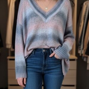 a.n.a Women's V-Neck Sweater in Blue and Pink Ombre